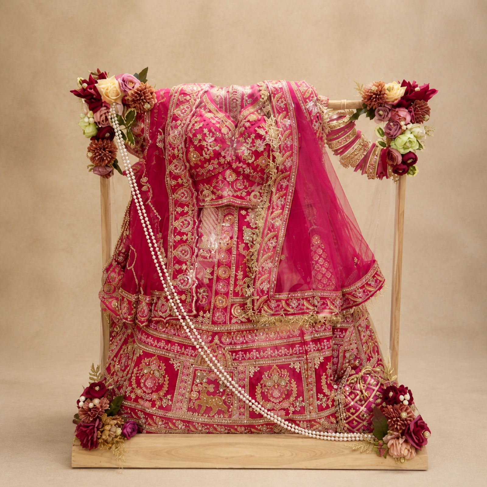 Pink bridal lehenga arranged on a floral wooden shaadi packing frame