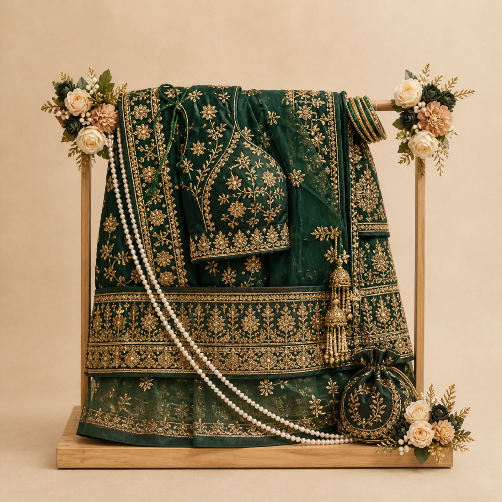 Emerald green and gold lehenga arranged with ivory flowers and pearls