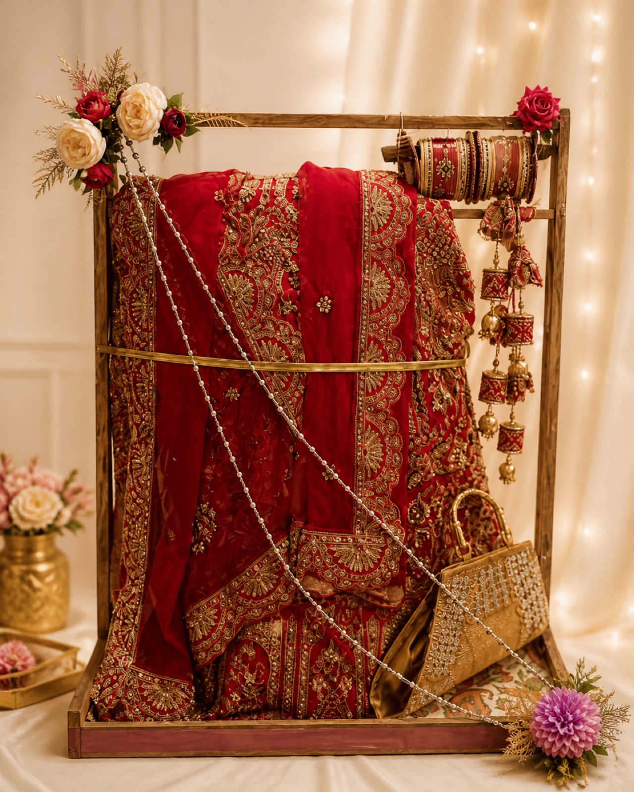 Red bridal lehenga arranged on a wooden shaadi packing frame with flowers and jewellery