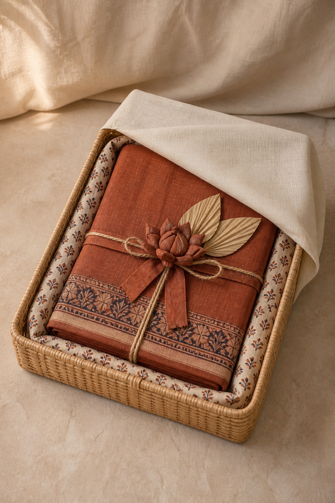 Terracotta saree packed in a woven basket with natural leaf details