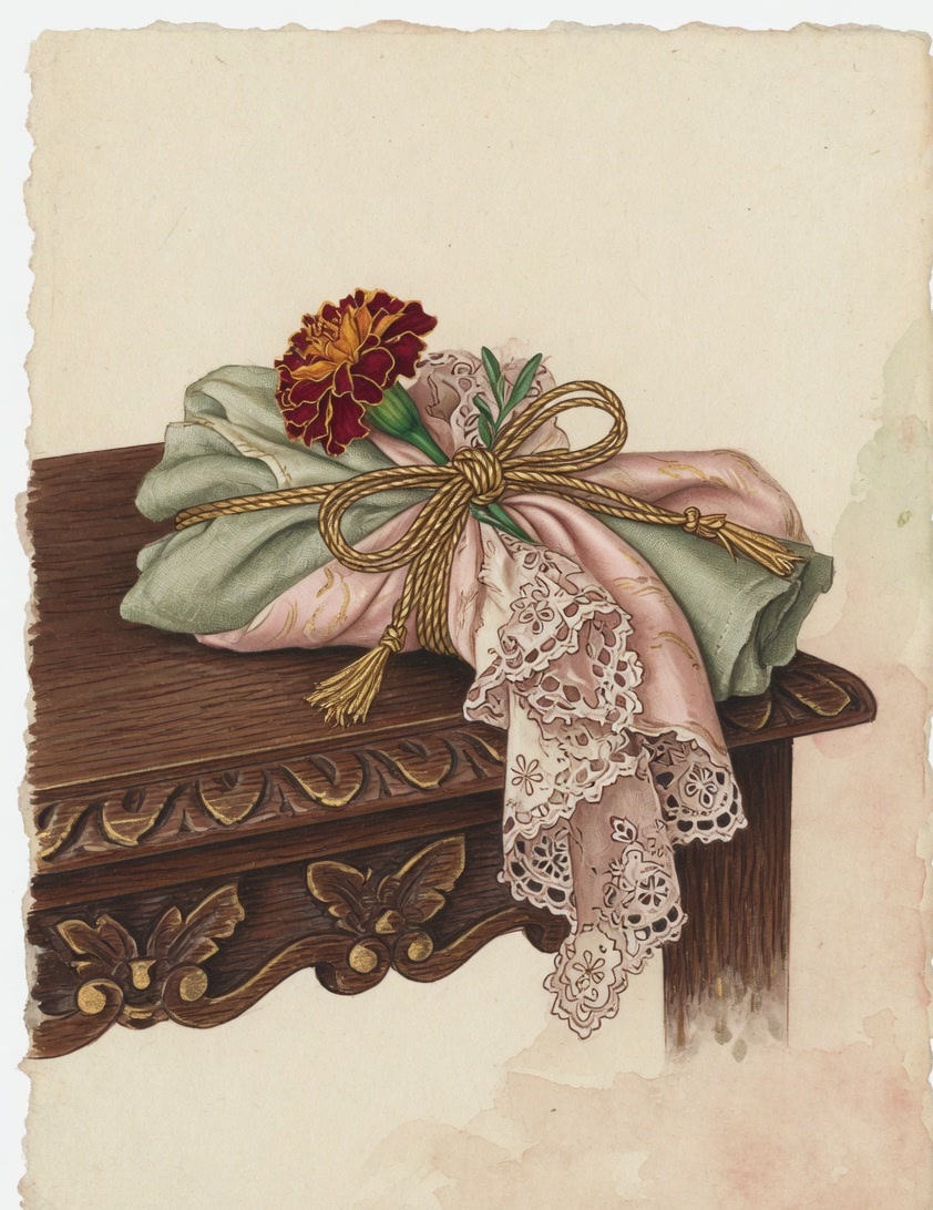 Painted still life of a linen and lace bundle tied with gold cord on a carved wooden table, a marigold tucked in the knot