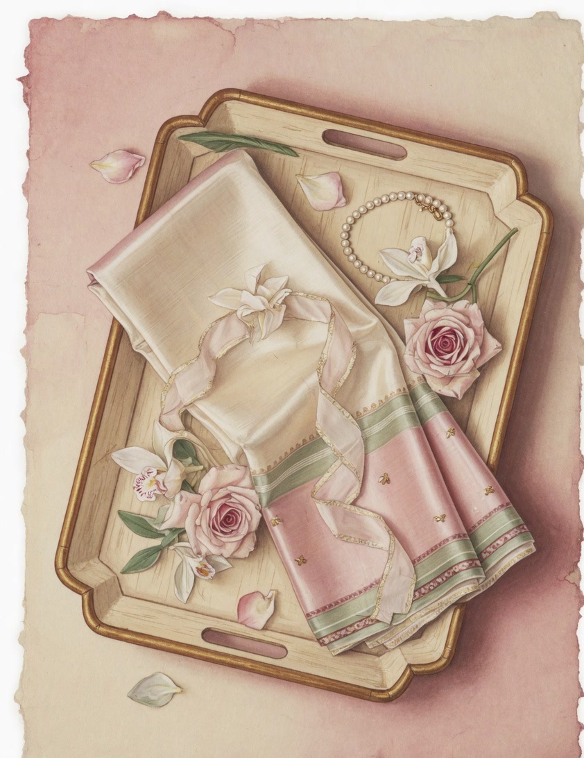 Painted contemporary packing tray with an ivory and blush saree, orchids, roses, pearls and ribbon
